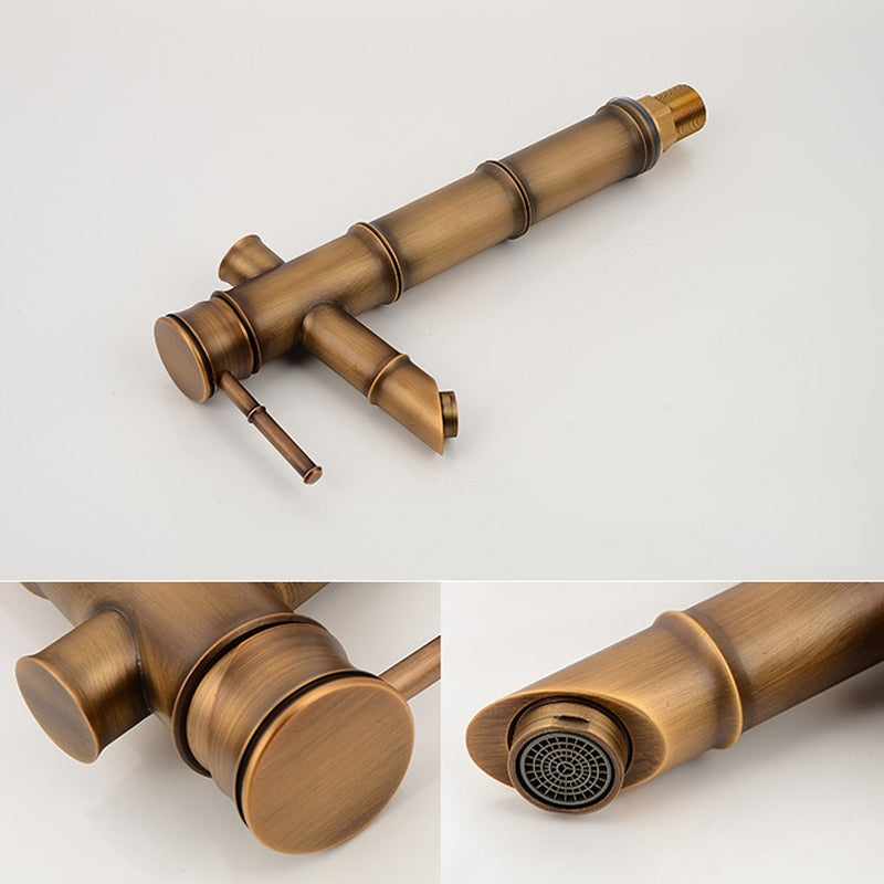Bathroom Basin Faucet Antique Brass Bamboo Shape Faucet Bronze Finish Sink Faucet Single Handle Hot and Cold Water Mixer Tap - WELQUEEN