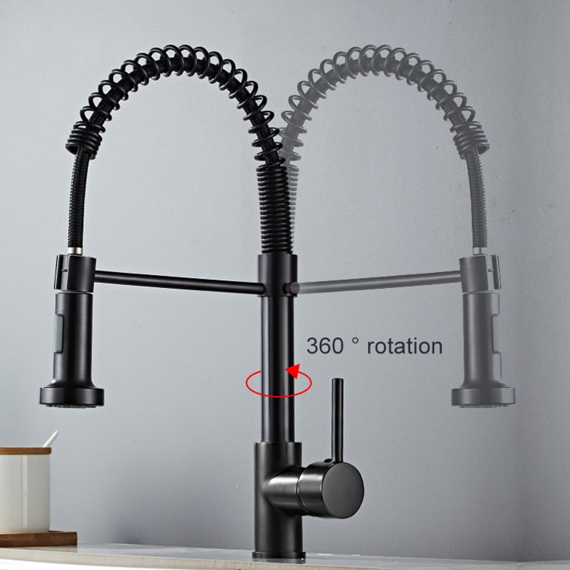 Deck Mounted Flexible Kitchen Faucets Pull Out Mixer Tap Black Hot Cold Kitchen Faucet Spring Style with Spray Mixers Taps - WELQUEEN