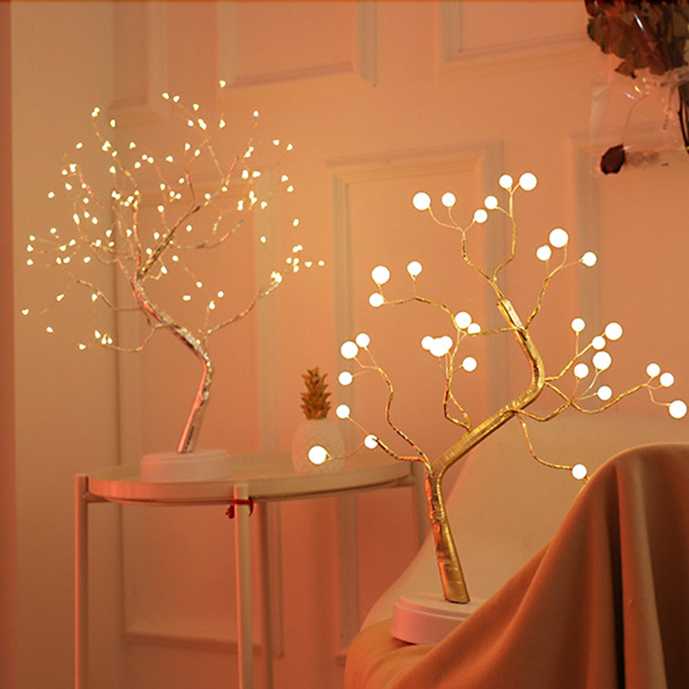 Night Light Home Decoration Bonsai Style Party Cherry Tree Shape LED Light DIY Firework Christmas Gift Plants Switch Copper - WELQUEEN