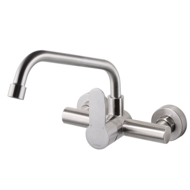 Wall mounted black kitchen faucet single handle double holes hot and cold water faucets - WELQUEEN