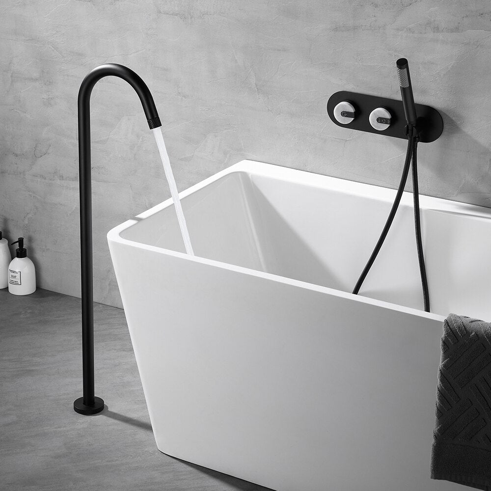 Freestanding Bathtub Faucet Tub Filler Jade Dual Handle Floor Mount Bathroom Faucet with Handheld Shower Bath Mixer Tap - WELQUEEN HOME DECOR