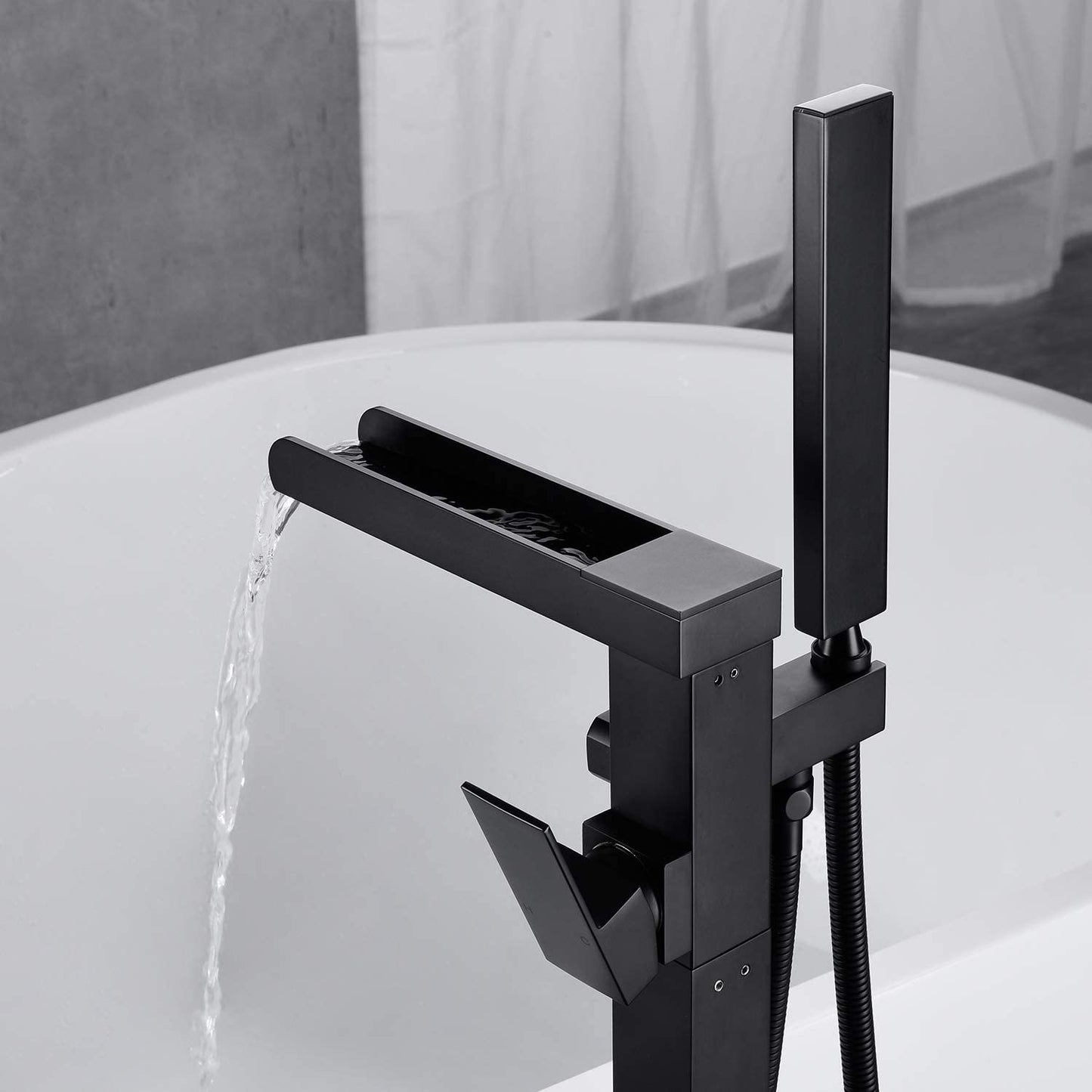 Brushed gold/Black Freestanding Bathtub Faucet Floor Mount Tub Filler Single Handle Brass Tap with Hand Shower and Swivel Spout - WELQUEEN HOME DECOR