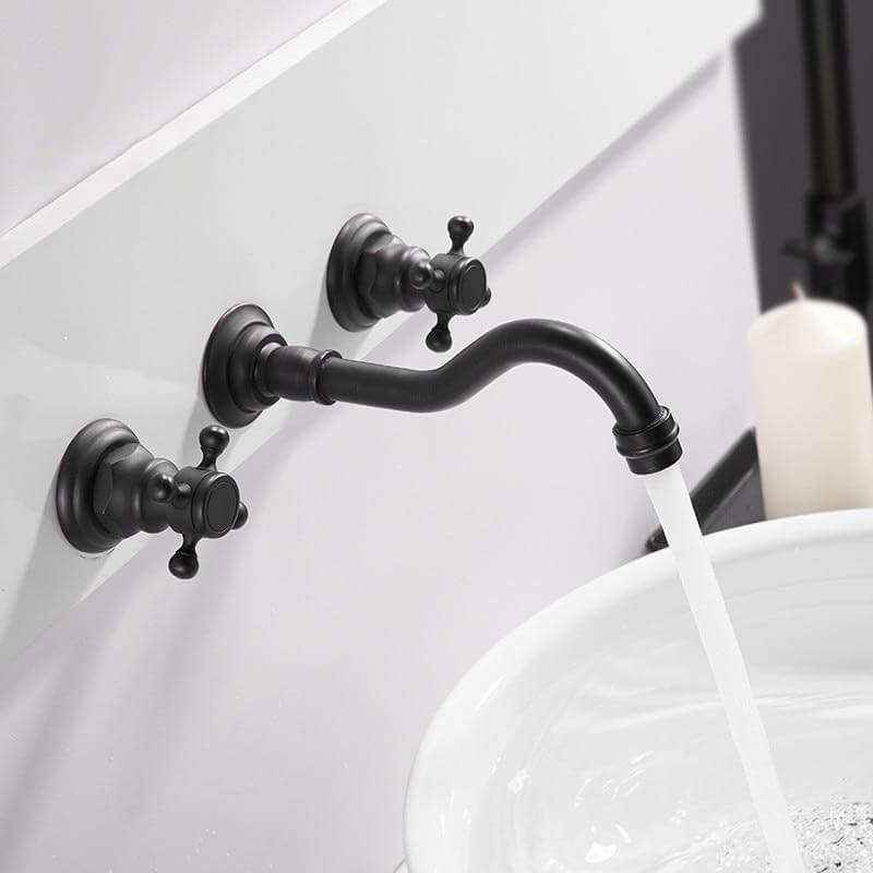 Basin Faucets Wall Mounted Brass Bathroom Sink Basin Mixer Tap Faucet 3 Pcs Black Faucet Dual Handle Sink Mixer Taps - WELQUEEN WELQUEEN HOME DECOR