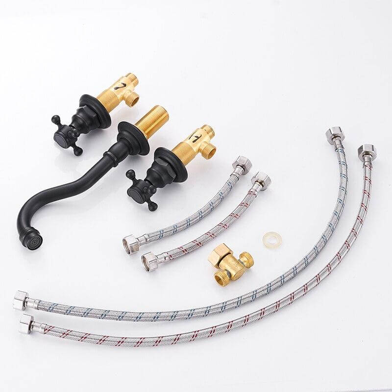 Basin Faucets Wall Mounted Brass Bathroom Sink Basin Mixer Tap Faucet 3 Pcs Black Faucet Dual Handle Sink Mixer Taps - WELQUEEN WELQUEEN HOME DECOR