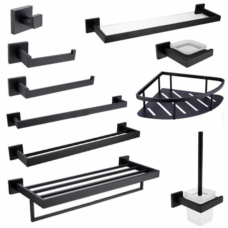 Bathroom Hardware Set | Black Robe Hook Towel Rail Rack Bar Shelf Paper Holder Toothbrush Holder Bathroom Accessories - WELQUEEN