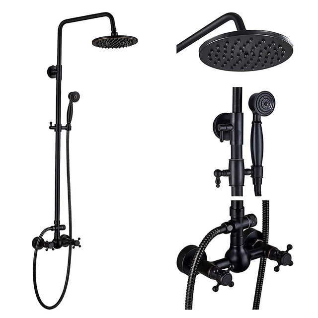 Bathroom Rainfall Shower Mixer Faucet Dual Handle Brass Black Shower Set Faucet Wall Mount Rainfall Shower Mixer Tap - WELQUEEN