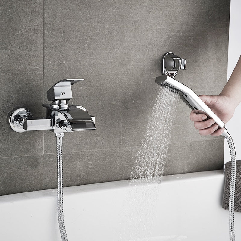 Bathtub Shower Set Wall Mounted Waterfall Bath Faucet | Bathroom Cold and Hot Mixer Taps Brass Chrome - WELQUEEN