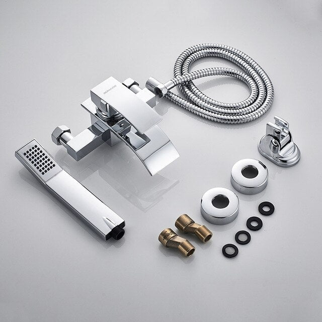 Bathtub Shower Set Wall Mounted Waterfall Bath Faucet | Bathroom Cold and Hot Mixer Taps Brass Chrome - WELQUEEN