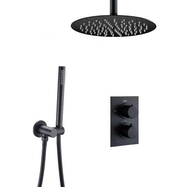 Bathroom Shower Set Matte Black Rain Shower Faucet Wall or Ceiling Mounted Thermostatic Valve System 8-12"Shower Head - WELQUEEN