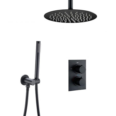 Bathroom Shower Set Matte Black Rain Shower Faucet Wall or Ceiling Mounted Thermostatic Valve System 8-12