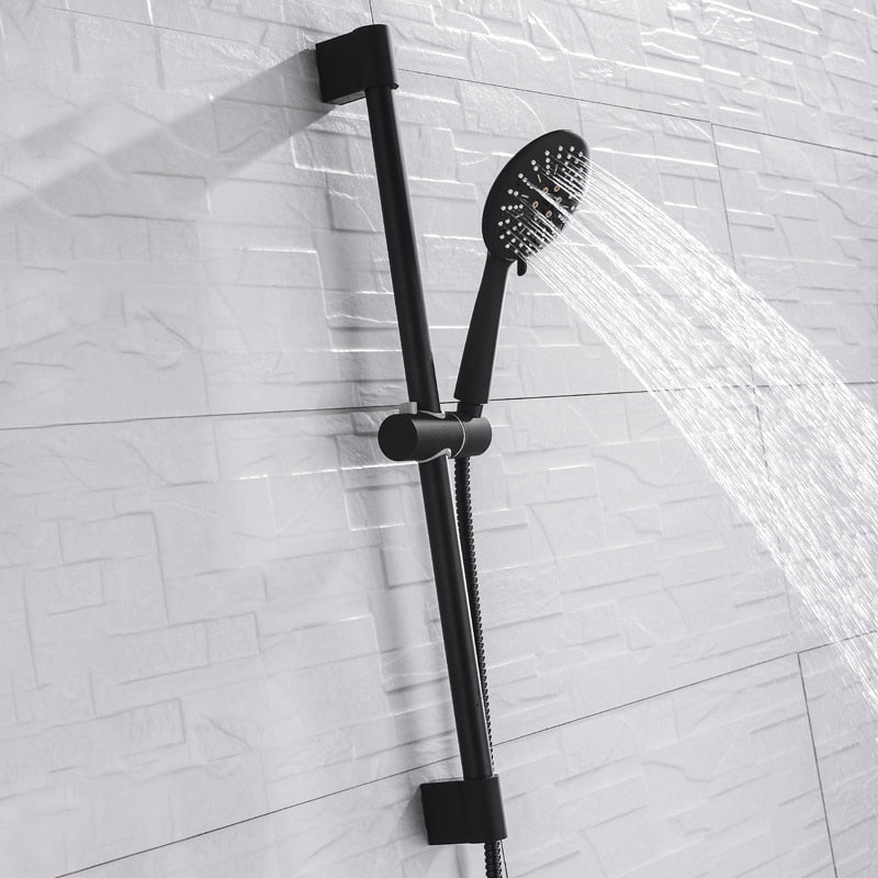 Adjustable 3 Function Black Shower Riser Slide Bar with Hand Held Shower & Hose Wall Mount Shower Sliding Bar Set - WELQUEEN