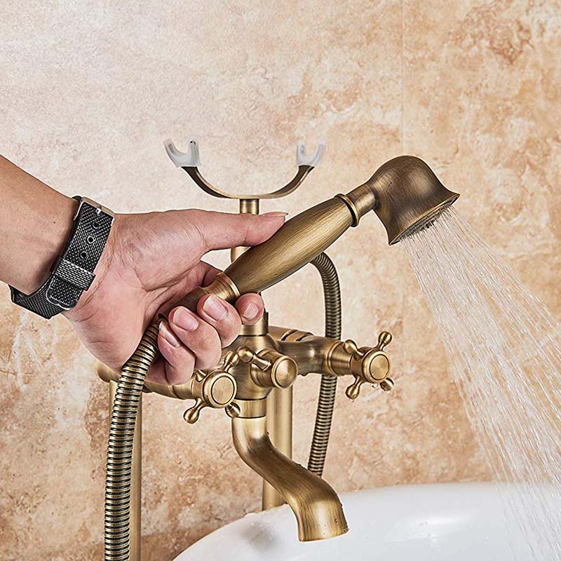 Antique Brass Floor Mounted Tub Sink Faucet Dual Handle Bathroom Bath Shower Set Freestanding Bathtub Mixer Tap with Handshower - WELQUEEN
