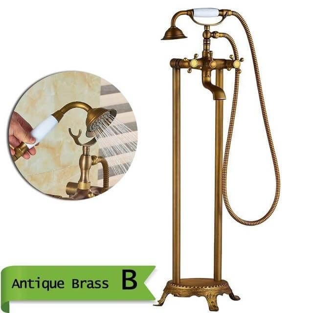 Antique Brass Floor Mounted Tub Sink Faucet Dual Handle Bathroom Bath Shower Set Freestanding Bathtub Mixer Tap with Handshower - WELQUEEN