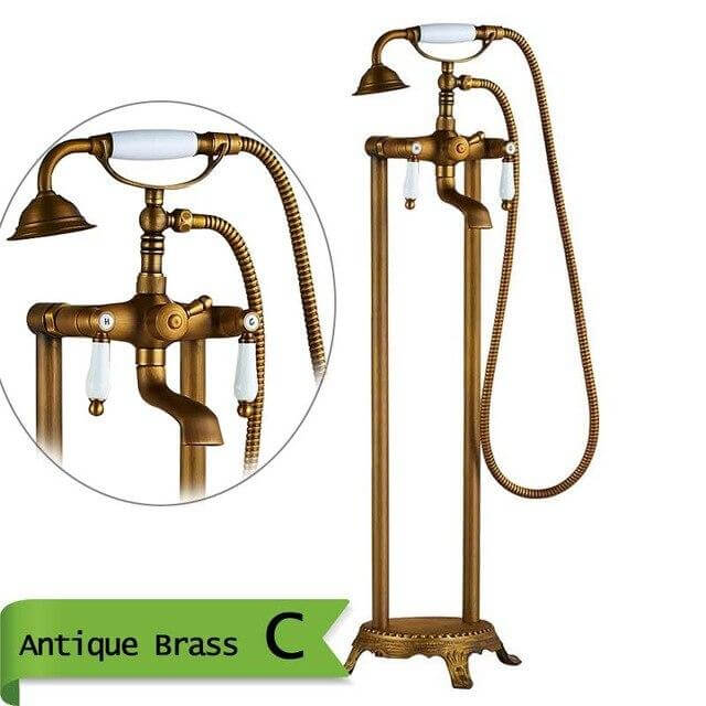 Antique Brass Floor Mounted Tub Sink Faucet Dual Handle Bathroom Bath Shower Set Freestanding Bathtub Mixer Tap with Handshower - WELQUEEN