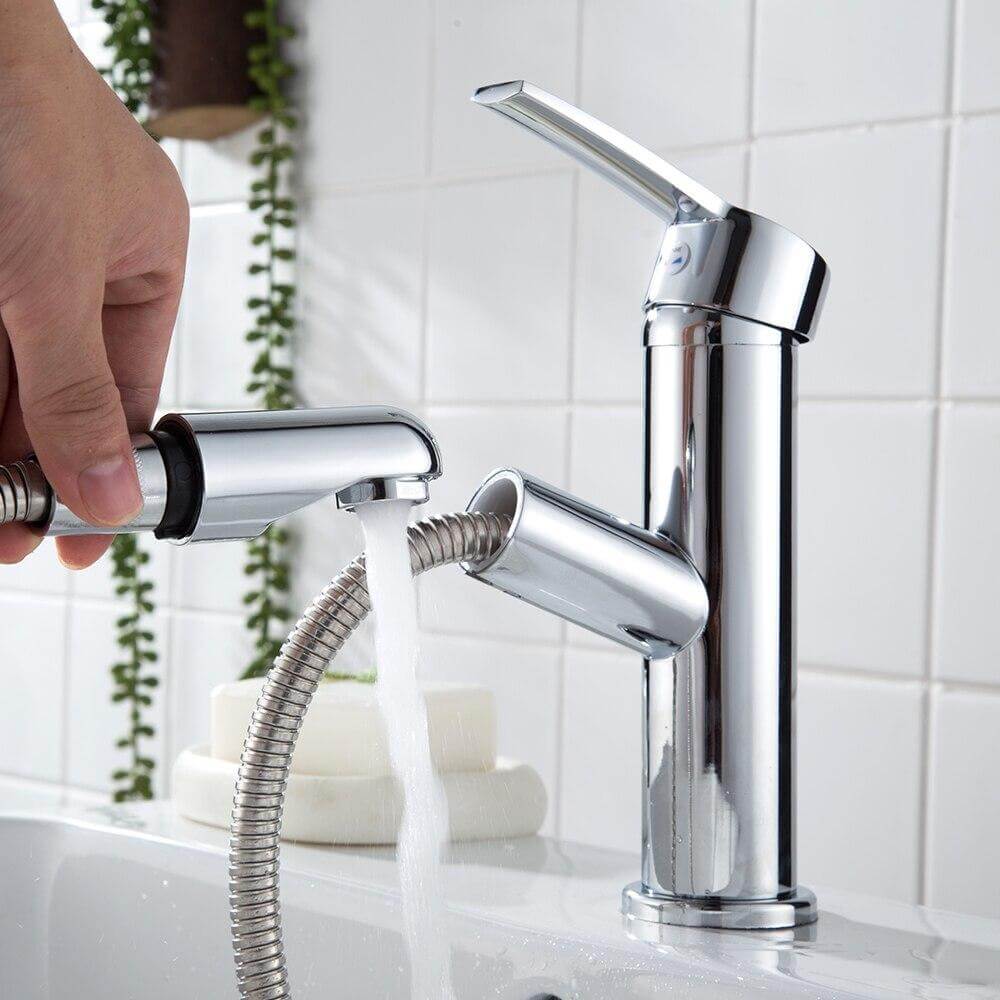 Solid Brass Chrome Faucets Pull Out Bathroom Basin Faucet Hot Cold Water Mixer Tap Deck Mount Sink Faucet - WELQUEEN
