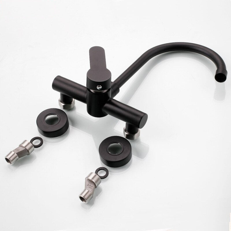Wall mounted black kitchen faucet single handle double holes hot and cold water faucets - WELQUEEN HOME DECOR