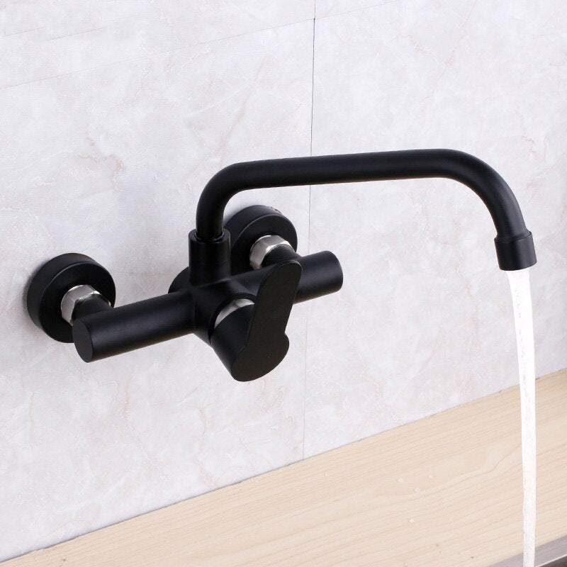 Wall mounted black kitchen faucet single handle double holes hot and cold water faucets - WELQUEEN HOME DECOR