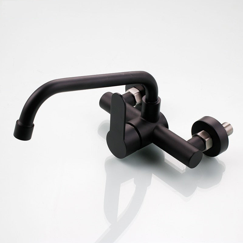 Wall mounted black kitchen faucet single handle double holes hot and cold water faucets - WELQUEEN HOME DECOR