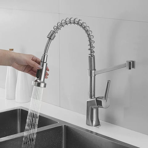 Modern Polished Chrome Brass Kitchen Sink Faucet Pull Out Single Handle Swivel Spout Vessel Sink Mixer Tap - WELQUEEN HOME DECOR