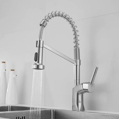Modern Polished Chrome Brass Kitchen Sink Faucet Pull Out Single Handle Swivel Spout Vessel Sink Mixer Tap - WELQUEEN HOME DECOR