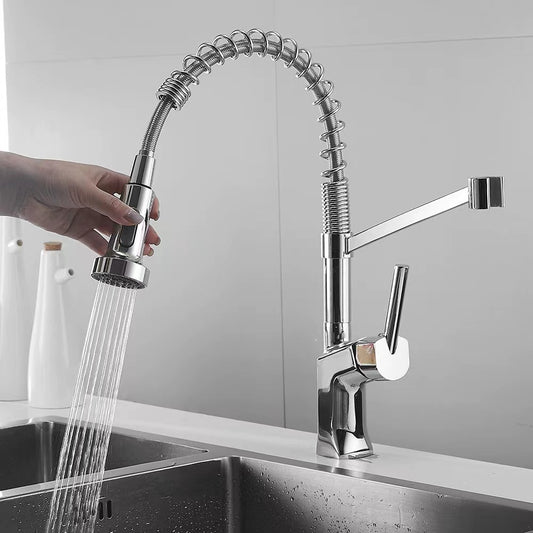 Modern Polished Chrome Brass Kitchen Sink Faucet Pull Out Single Handle Swivel Spout Vessel Sink Mixer Tap - WELQUEEN HOME DECOR