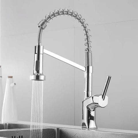 Modern Polished Chrome Brass Kitchen Sink Faucet Pull Out Single Handle Swivel Spout Vessel Sink Mixer Tap - WELQUEEN HOME DECOR