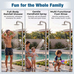 Freestanding Outdoor Shower Kit, Marine Grade 316 Stainless Steel Poolside Shower with Rainfall, Handheld Spray & Foot Rinse, Floor-Mounted Backyard Fixture for Pool Garden Beach