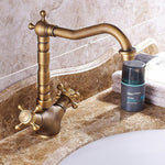 Antique Faucet Bronze Copper Double Handle Swivel Spout Bathroom Faucets Retro Style Brass Tall Basin Mixer Tap High Sink Crane