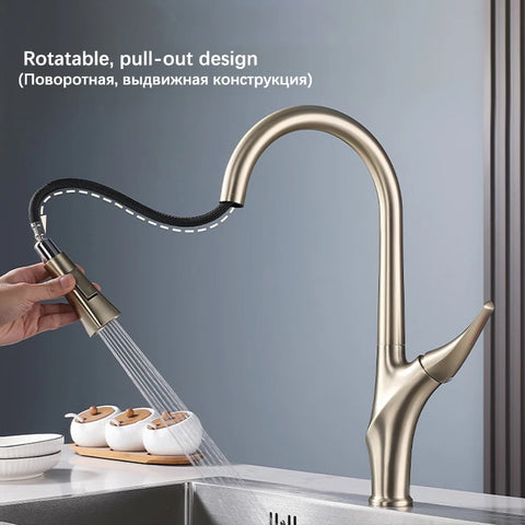 Brushed Gold Pull Out Kitchen Faucet Rotatable Cold Hot Water Mixer Taps Single Handle Deck Mounted Kitchen Sink Faucets