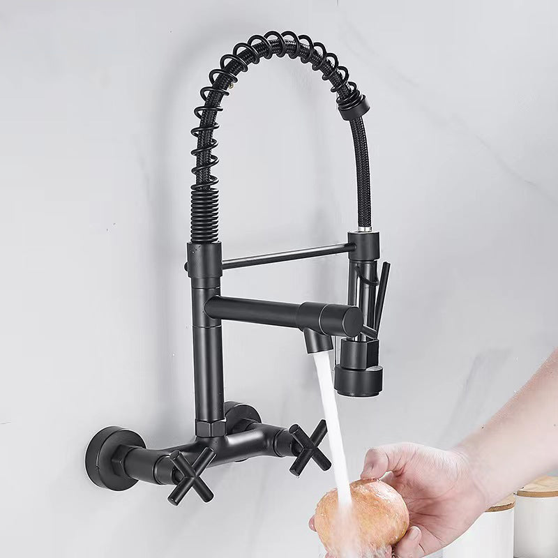 Brushed Spring Pull Down Kitchen Faucet Cold Water Dual Spouts Handheld Shower Kitchen Taps Wall Mounted Kitchen Washing Crane - WELQUEEN HOME DECOR