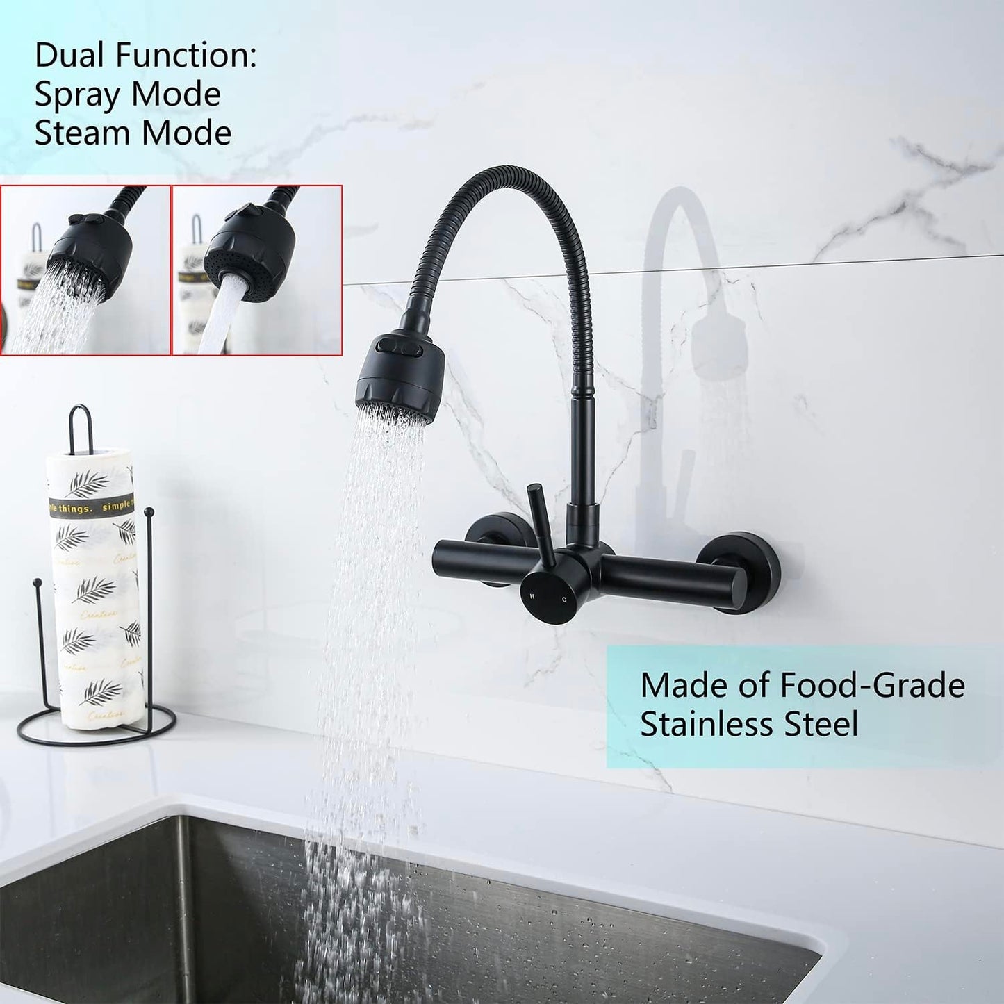 Stainless Steel Wall Mounted Kitchen Faucet Wall Kitchen Mixers Kitchen Sink Tap 360 Degree Swivel Flexible Hose Double Holes
