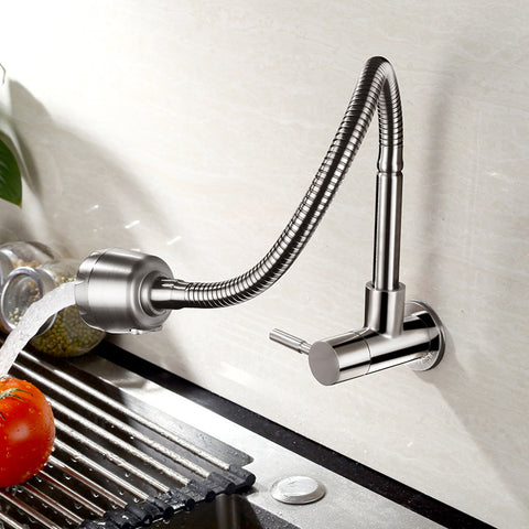 Stainless Steel Wall Mounted Kitchen Faucet Wall Kitchen Mixers Kitchen Sink Tap 360 Degree Swivel Flexible Hose Double Holes