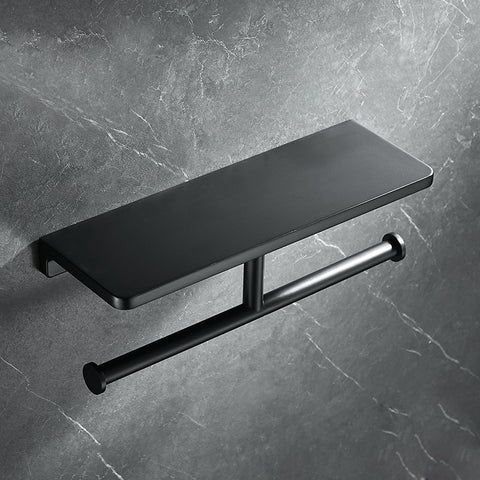 Toilet Paper Holder with Shelf | Black Aluminum Roll Paper Holder Creative Mobile Phone Rack | Wall Mount Bathroom Paper Towel Rack