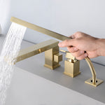 Contemporary 3-Hole Bathroom Waterfall Bathtub Faucet | Roman Tub Filler with Handheld Shower | 2 Handle Dual Function Bathtub Faucet