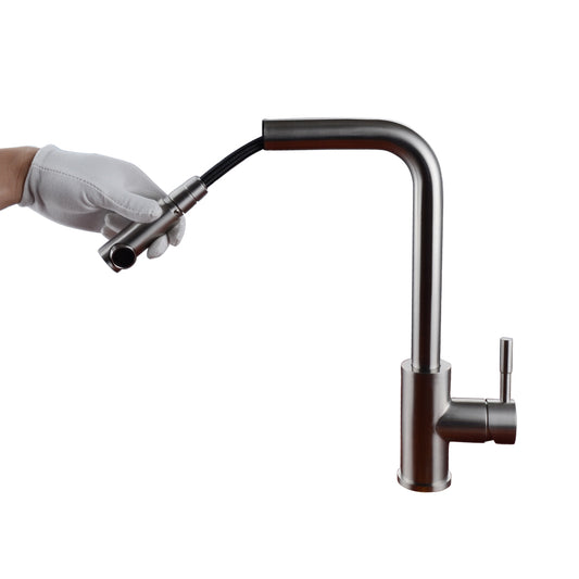 Single Handle Pull-Out Kitchen Faucet | Single Level Stainless Steel Kitchen Sink Faucets with Pull Down Sprayer - WELQUEEN