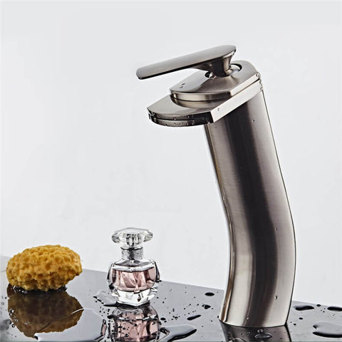 Single Handle Basin Faucet | Brass Waterfall Tall Body Basin Mixer | Brush Nickel Single Handle Single Hole Bathroom Sink Faucet - WELQUEEN