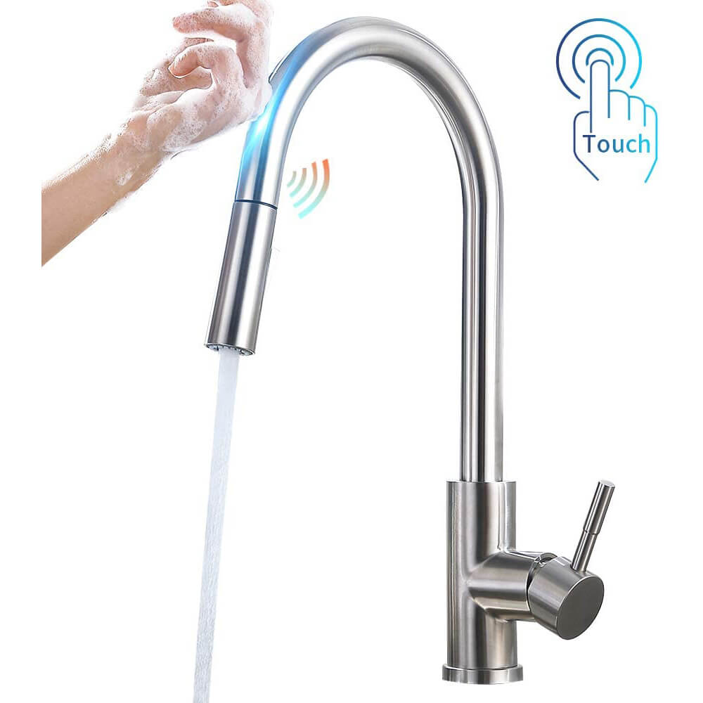 Touch On Kitchen Faucets with Pull Down Sprayer | Single Handle Kitchen Sink Faucet | Stainless Steel Touch Activated Faucet - WELQUEEN