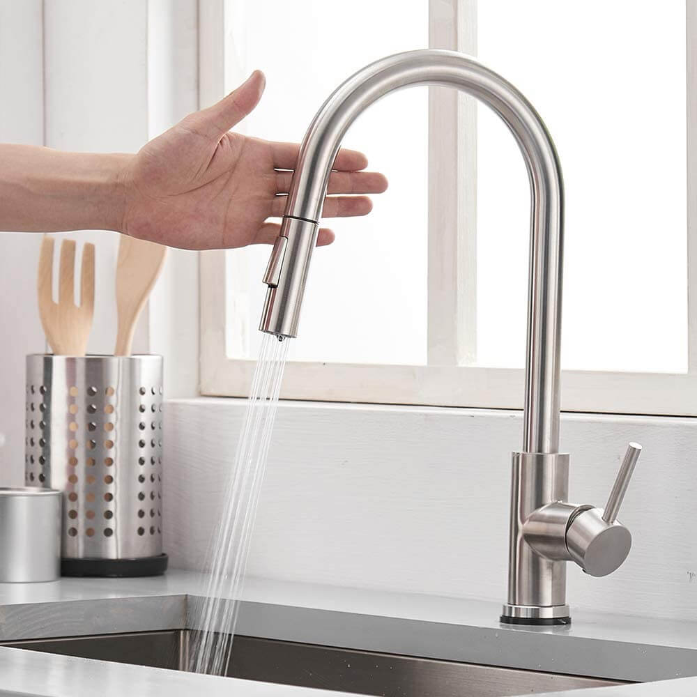 Touch On Kitchen Faucets with Pull Down Sprayer | Single Handle Kitchen Sink Faucet | Stainless Steel Touch Activated Faucet - WELQUEEN