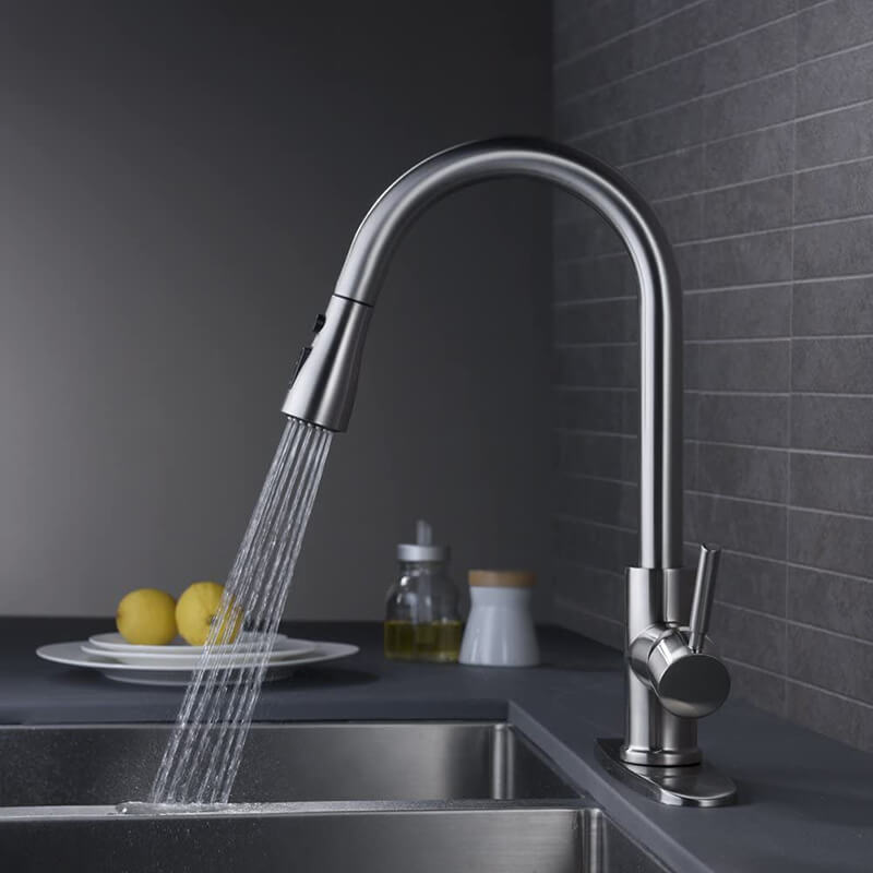 Single Handle High Arc Brushed Nickel Pull Out Kitchen Faucet Single Level Stainless Steel Kitchen Sink Faucets with Pull Down Sprayer - WELQUEEN