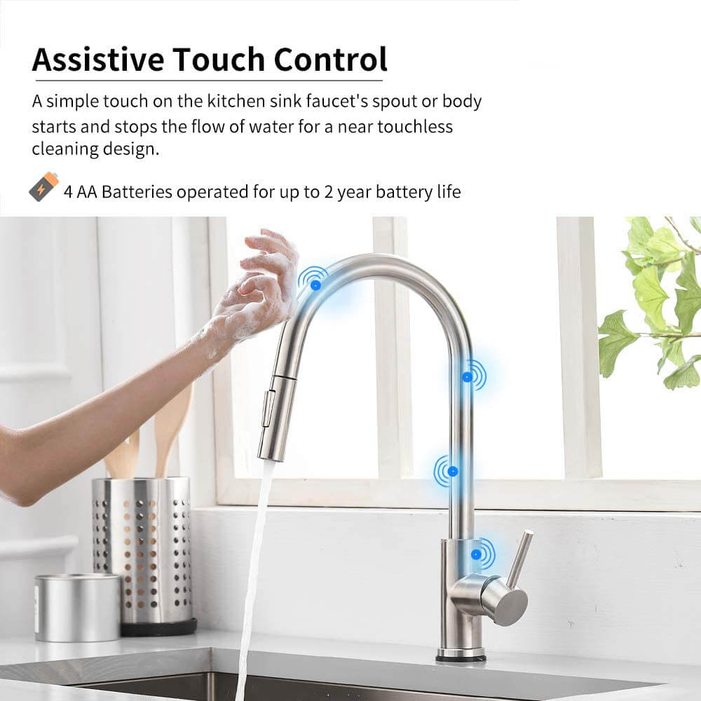 Touch On Kitchen Faucets with Pull Down Sprayer | Single Handle Kitchen Sink Faucet | Stainless Steel Touch Activated Faucet - WELQUEEN