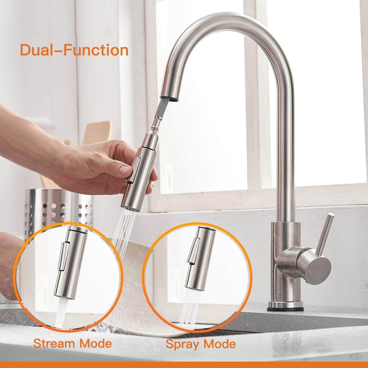 Touch On Kitchen Faucets with Pull Down Sprayer | Single Handle Kitchen Sink Faucet | Stainless Steel Touch Activated Faucet - WELQUEEN