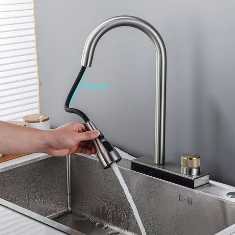 Waterfall Grey Sink Kitchen Faucet Hot Cold Mixer Wash Basin Multiple Water Outlets Rotation Flying Rain Tap Single Hole - WELQUEEN HOME DECOR