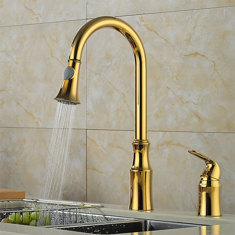 Modern Brass Single Handle Dual Hole Kitchen Faucet | Pull Down Sprayer Spring Kitchen Faucet Dual Function Kitchen Sink Faucet - WELQUEEN