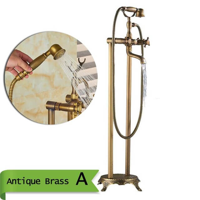 Antique Brass Floor Mounted Tub Sink Faucet Dual Handle Bathroom Bath Shower Set Freestanding Bathtub Mixer Tap with Handshower - WELQUEEN