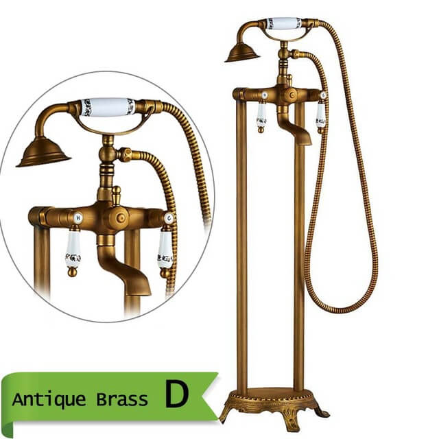 Antique Brass Floor Mounted Tub Sink Faucet Dual Handle Bathroom Bath Shower Set Freestanding Bathtub Mixer Tap with Handshower - WELQUEEN