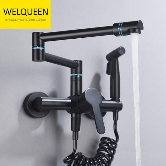 Brass Pot Filler Folding Faucet with Side Sprayer Kitchen Sink Faucet with Swing Arm and Double Function Joint - WELQUEEN