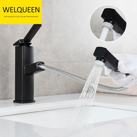 Brass Pulldown Basin Faucet with Pull Out Sprayer Single Lever Faucet for Bathroom Hot and Cold Water Faucet - WELQUEEN