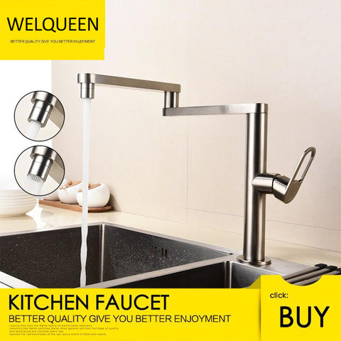 Folding Kitchen Faucet Hot and Cold Kitchen Sink Mixer Brushed Nickel Facing Rotatable Telescopic Faucet - WELQUEEN