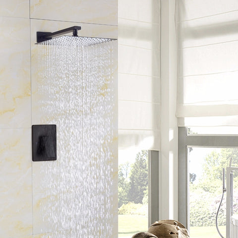 Free Shipping Black Rain Shower System Brass Fixed Shower Head Rain Mixer Shower Combo Wall Mount Shower Trim Kit with Rough-in - WELQUEEN