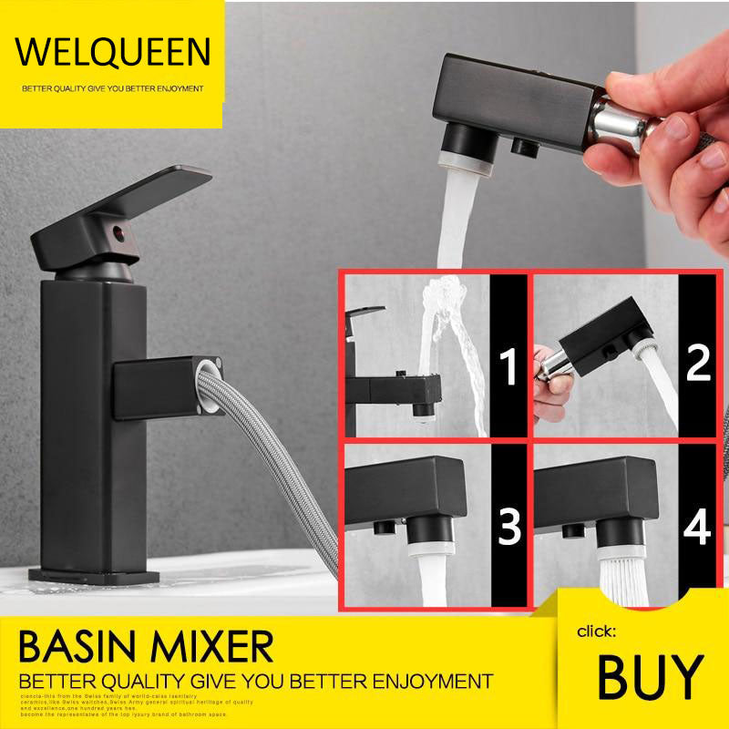 Free Shipping Brass Basin Faucet Multi-Functional Stretch Faucet Hot And Cold Water Pull Out Sink Faucet - WELQUEEN